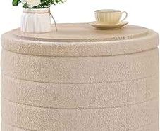 Ottoman with Storage, Folding Boucle Stool,Coffee Table,Chest Toy Box,Footstool for Living Room,Bedroom,Beige,Large Round,56x56x40cm