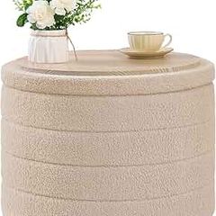 Ottoman with Storage, Folding Boucle Stool,Coffee Table,Chest Toy Box,Footstool for Living Room,Bedroom,Beige,Large Round,56x56x40cm