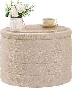 Ottoman with Storage, Folding Boucle Stool,Coffee Table,Chest Toy Box,Footstool for Living Room,Bedroom,Beige,Large Round,56x56x40cm