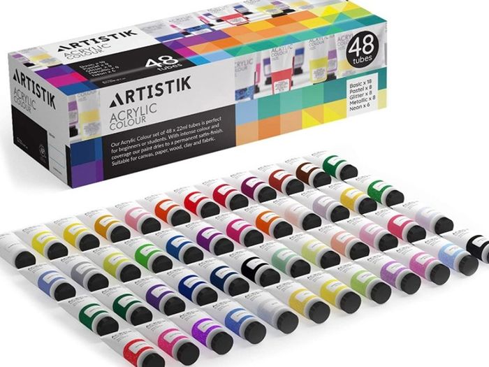 48 Piece Set (48 x 22ml) Tubes in Rich Vibrant Colours - High-Pigment, Satin-Finish Basic, Neon, Pastel, Metallic & Glitter Colours for Painting Canvas, Paper, Wood, Clay, Fabric (FREE POSTAGE)