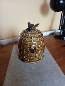 Vintage Porcelain Beehive Honey Pot with Wicker Basket Lid