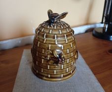 Vintage Porcelain Beehive Honey Pot with Wicker Basket Lid