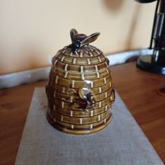 Vintage Porcelain Beehive Honey Pot with Wicker Basket Lid