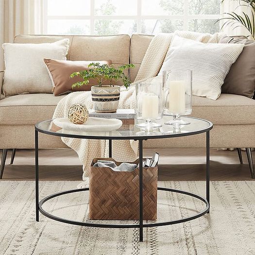 Round Coffee Table, Living Room Table with Steel Frame, Salon Table, Side Table, Pearl White/Slate Grey