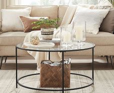 Round Coffee Table, Living Room Table with Steel Frame, Salon Table, Side Table, Pearl White/Slate Grey