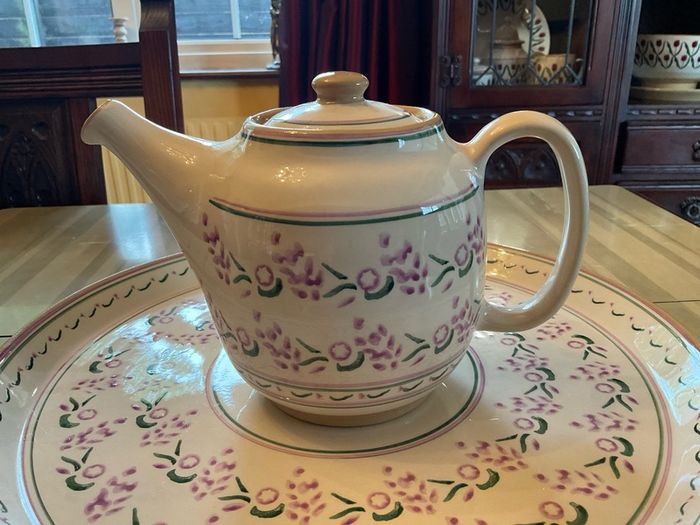 Nicholas Mosse Lavender starter set from Washington creek USA . Tea pot, two mugs , creamer and an oval platter . Pricing the set