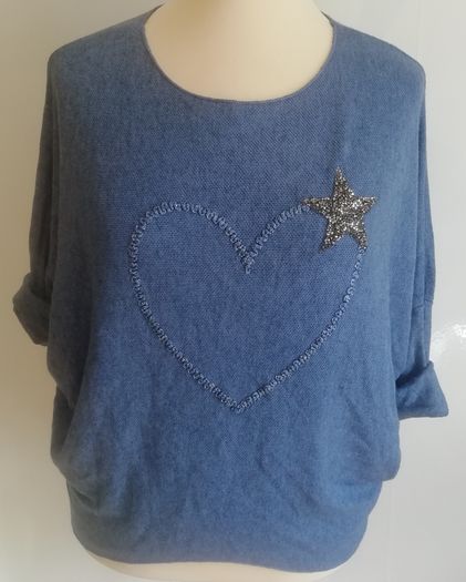 Carla Giannini Women's Angora Mix Top With Heart & Stars New With Tag Blue