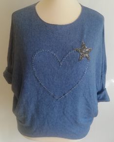 Carla Giannini Women's Angora Mix Top With Heart & Stars New With Tag Blue
