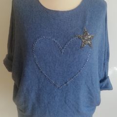 Carla Giannini Women's Angora Mix Top With Heart & Stars New With Tag Blue