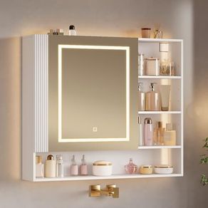 Bathroom Mirror Cabinet with LED Lighting and Socket With Shelves