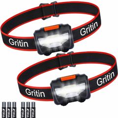 LED Head Torch, [2 Pack] Gritin COB Headlamp Super Bright Headlight, Adjustable with 3 Modes