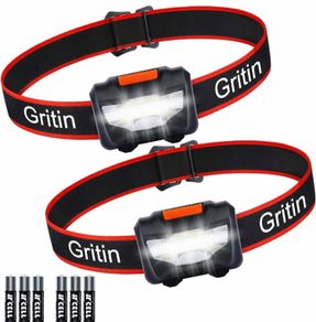 LED Head Torch, [2 Pack] Gritin COB Headlamp Super Bright Headlight, Adjustable with 3 Modes