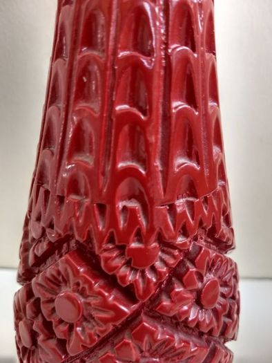 Amazingly Detailed Hand-Carved and Painted Wooden Bottle-Shaped Vase in Red - A Real Unusual Item, Carving reminiscent of a Pineapple!