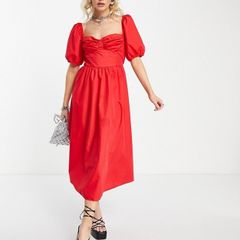 Topshop red puff sleeves midi dress size UK 12