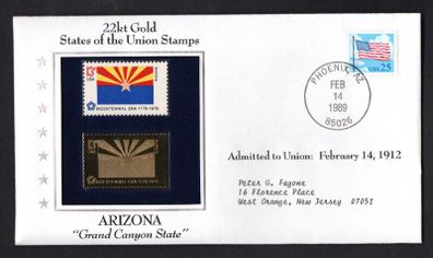 1988 USA Arizona "Grand Canyon State" 22kt Gold Replica of the 1976 United States Flag Stamps showing 25c US flag definitive tied Phoenix, Arizona (state capital) illustrated cover