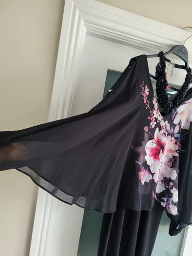 WALLIS Black floral cape layered dress Sz 12