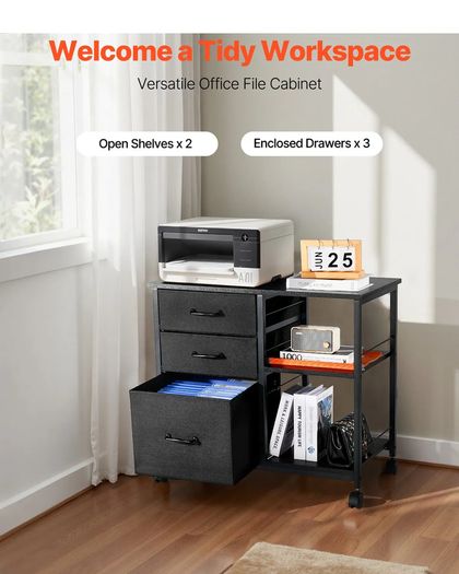 Metal File Cabinet, Mobile Filing Cabinet with 3 Fabric Drawers and 2 Open Shelves, Wooden Vertical Filing Storage Cabinets