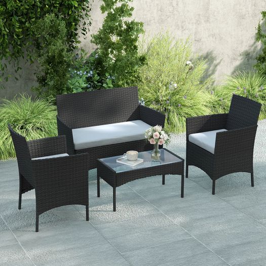 4 Piece Rattan Garden Furniture Sofa Set with Loveseat, Armchairs, Glass-Top Coffee Table and Cushions, Black