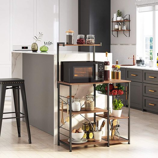Standing Kitchen Shelf with Metal Basket and 6 S-Hooks and Shelves