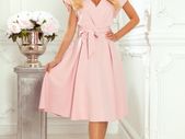 Flared Dress with a Nice Neckline Matching Belt -  pink