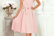 Flared Dress with a Nice Neckline Matching Belt -  pink