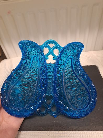 Vintage Turquoise Pressed Glass Twin Serving Dish