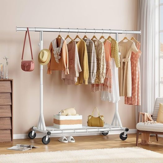 Clothes Rail Heavy Duty, Extendable & Adjustable Clothing Hanging Rails, Clothing Rack Coat Rail with Lockable Wheels & Shelves for Bedroom Living Room, White