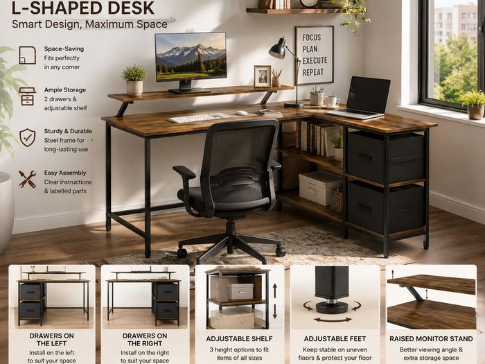 L-Shaped Corner Desk with Storage Drawers & Monitor Shelf  Vintage Brown