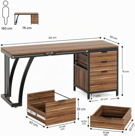 Industrial Computer Desk Work Table with File Storage 150 cm with 3 Drawers with Reversible Shelf