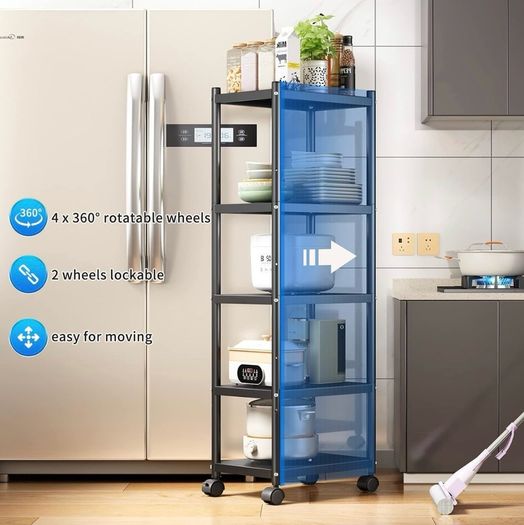 5 Tier Metal Shelving Unit, 360 Swivel Wheels for Kitchen Thick steel rack, 42.5x31x151H, 8cm adjust, 75kg, anti-slip fixed feet & easy-roll wheels, sturdy, for bath, garage, office