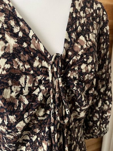 dress FatFace midi v neck 3-4 sleeves  size 16 brown floral pattern black beige BNWT