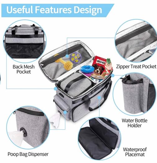Dog Travel Bag, Airline Approved Pet Tote Organizer with Multi-Function Pockets, Accessories Set Includes Shoulder Strap, 2 Food Storage Containers, 2 Foldable Bowls