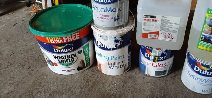 a selection of paint and a paint roller and some good paint brushes