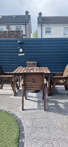 Solid, good quality wooden garden furniture. Very sturdy and nice, wide , comfortable seats. One lat missing on one of the chairs .