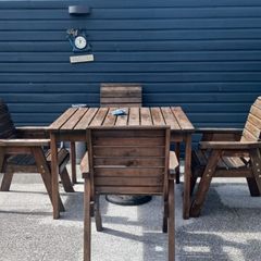 Solid, good quality wooden garden furniture. Very sturdy and nice, wide , comfortable seats. One lat missing on one of the chairs .