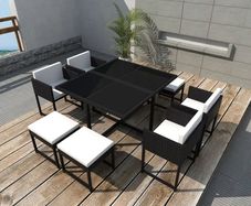 9 Piece Outdoor Dining Set with Cushions Poly Rattan Black