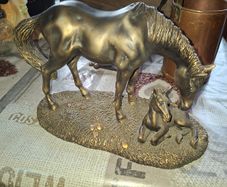 Beautiful Old Large Bronze Colour Horse and Foal Figurine Postage Available