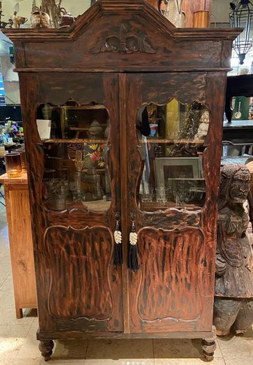 Vintage Teak Indonesian Glass Cabinet