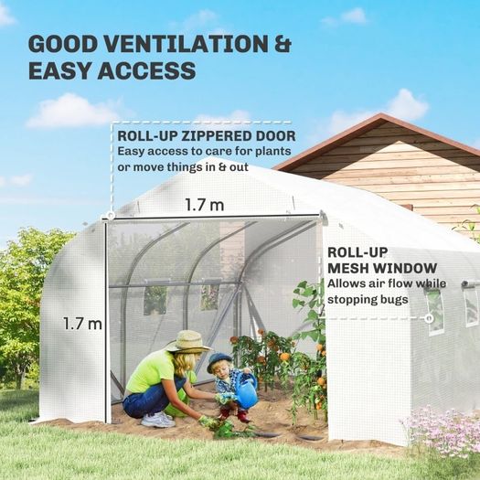 Walk-In Polytunnel Greenhouse with Roll-up Door and Mesh Windows, Warm House Garden Tunnel Plant Shelter, Galvanised Steel Frame, 4.5 x 3 x 2m, White