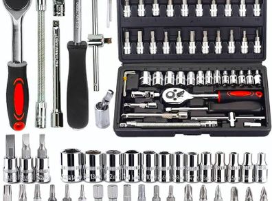 NEW SALE | 46Pcs Socket Wrench Kit, 34Pcs 1/4'' Drive Socket Wrench Bits & Driver - with Flexible Extension Rods, Quick Release Reversible Ratchet, Wrench Handle - for Home Car Repair