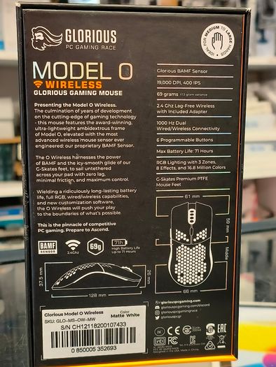 Glorious Gaming Model D Wireless Gaming Mouse - 69g Superlight, Lag Free 2.4Ghz Wireless, RGB, BAMF Sensor, Ergonomic, 6 Buttons - White | Lag free connectivity, advanced BAMF sensor, long battery life, PTFE sliders, beehive format, vivid lighting (Used)
