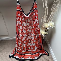 GARCIA Red Floral Lightweight Scarf | Vibrant Colorblock Trim Rectangle Shawl