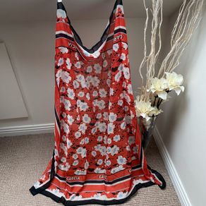GARCIA Red Floral Lightweight Scarf | Vibrant Colorblock Trim Rectangle Shawl
