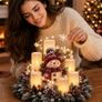 Snowman Christmas Table Centrepiece, Flameless LED Candles, Wreath Christmas candelabra centrepiece: flameless LED candles and pine wreath; battery operated for table, mantel or hallway Image 3