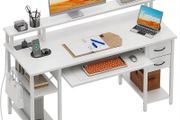 Computer Desk with Drawers &amp; Power Outlets, Office Desk with Storage Monitor Stand, Reversible Small Desks for Home Office Bedroom, 120 / 50cm, White