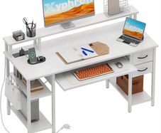Computer Desk with Drawers & Power Outlets, Office Desk with Storage Monitor Stand, Reversible Small Desks for Home Office Bedroom, 120 / 50cm, White