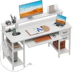 Computer Desk with Drawers & Power Outlets, Office Desk with Storage Monitor Stand, Reversible Small Desks for Home Office Bedroom, 120 / 50cm, White