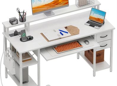 Computer Desk with Drawers & Power Outlets, Office Desk with Storage Monitor Stand, Reversible Small Desks for Home Office Bedroom, 120 / 50cm, White