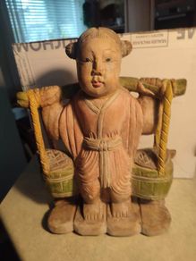 Chinese Polychrome Wood Carving of Boy Carrying Turtles