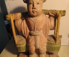 Chinese Polychrome Wood Carving of Boy Carrying Turtles